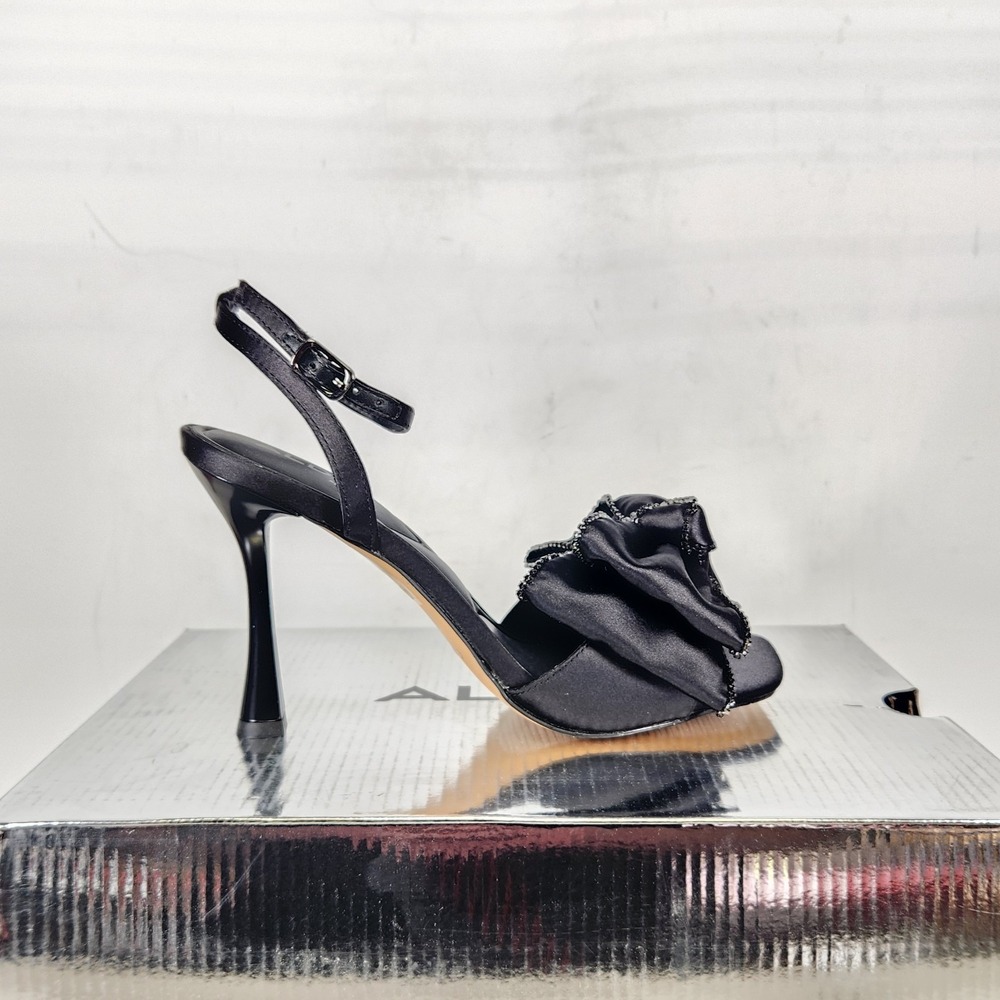 Aldo Heeled Sandals Women Size 6 Black Satin Rhinestone Bow Tinsel-001